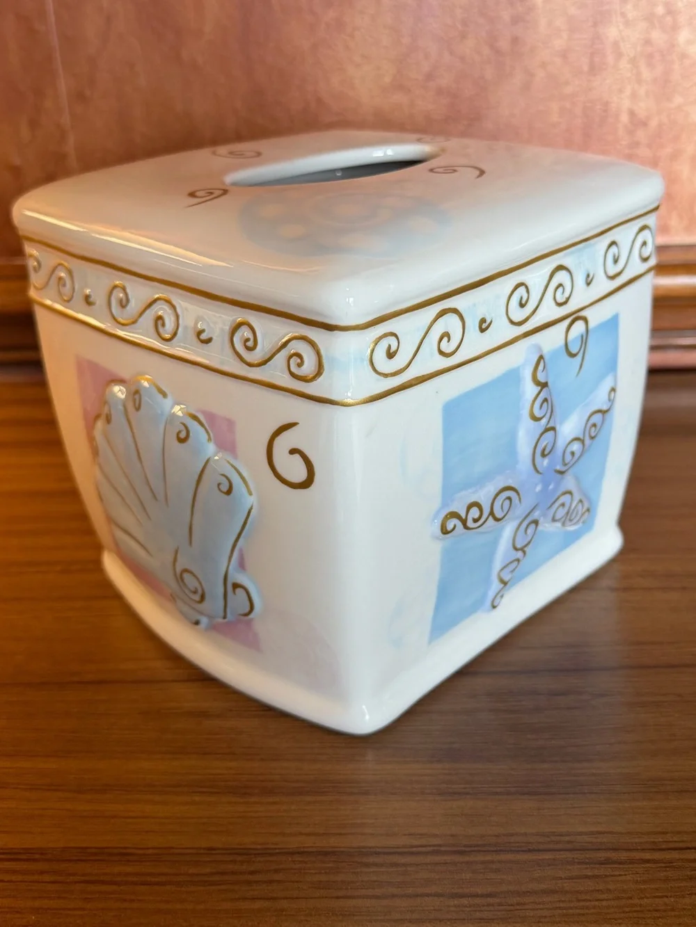 Ceramic Beach Seashell Starfish Tissue Box Cover Rectangular Coastal Ocean